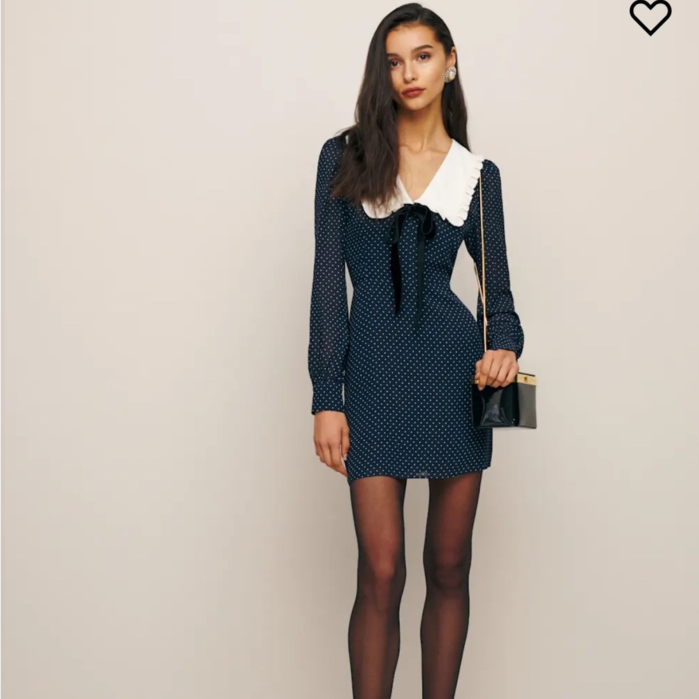 Reformation Navy Polka Dot Long Sleeve Dress - Picture 3 of 4